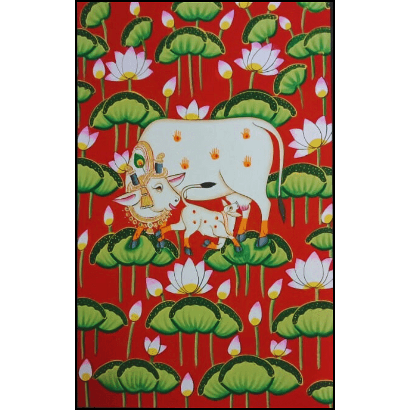 Cow and Calf Pichwai Painting – Handpainted Divine Artwork with Lotus Motifs